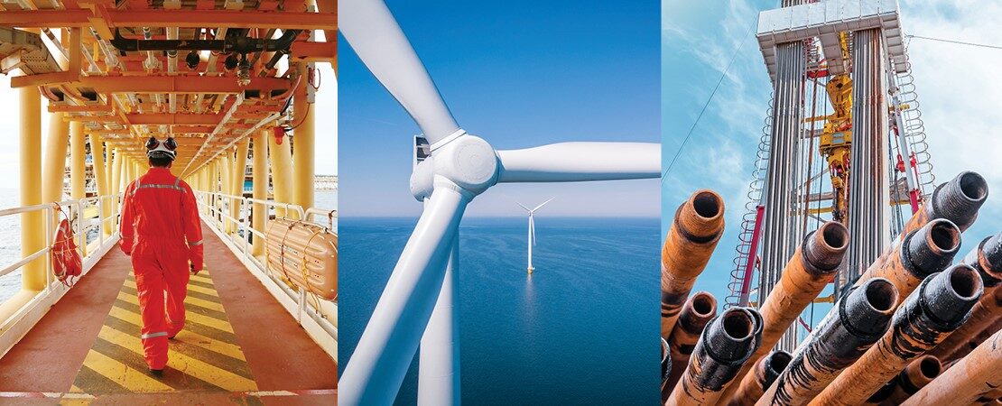 Afbeelding met windmolen op zee, platform, buizen