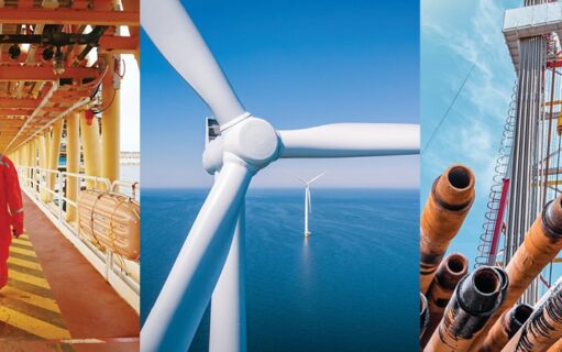 Afbeelding met windmolen op zee, platform, buizen