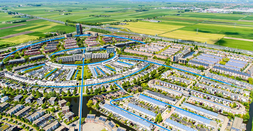 Afbeelding van een overzicht vanuit de lucht van een warmtenet