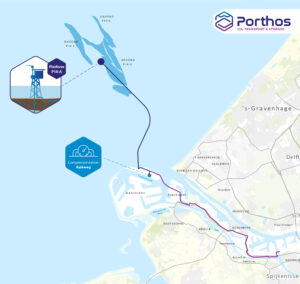 Kaart waarop te zien is hoe CO2 vanaf compressorstation op land naar een gasveld in de noordzee wordt geleid