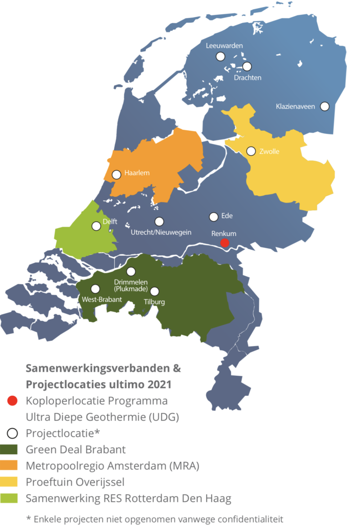 Kaart van Nederland toont projecten en samenwerkingen rondom aardwarmte waarbij EBN is betrokken