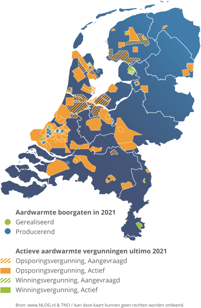 Plaatje toont waar in Nederland per ultimo 2021actieve vergunningen rond aardwarmteprojecten zijn.