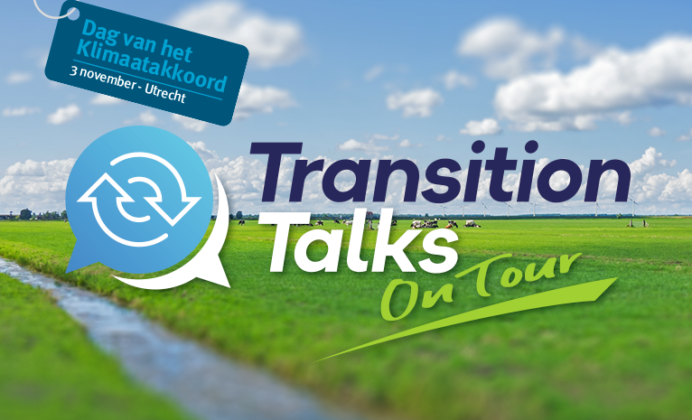 Afbeelding met logo transition talks on tour en tekst: dag van het klimaatakkoord - 3 november - Utrecht