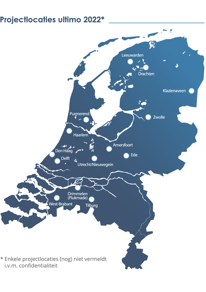 Een landkaart van Nederland toont 13 locaties waar EBN betrokken is bij één of meerdere aardwarmteprojecten.