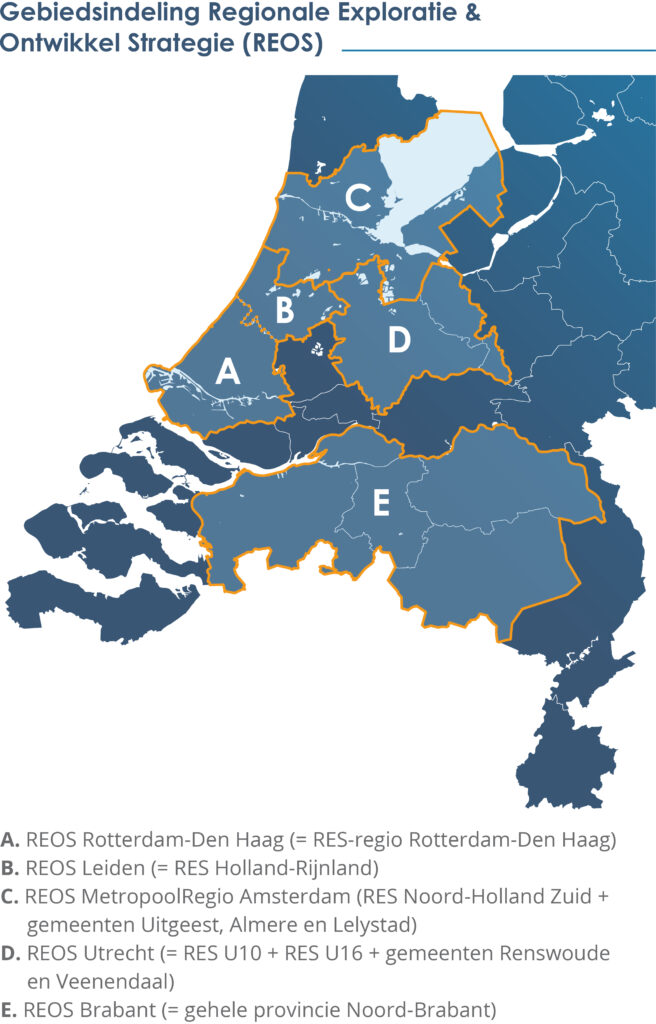 De afbeelding toont een kaart van Nederland. Hierop zijn de vijf regio's gemarkeerd waar EBN kansen ziet om de warmtetransitie te versnellen. Deze vijf regio's zijn: A. RES Rotterdam Den Haag B. RES Holland-Rijnland en Leidse Regio C. Metropoolregio Amsterdam D. De provincie Utrecht E. De provincie Noord-Brabant.