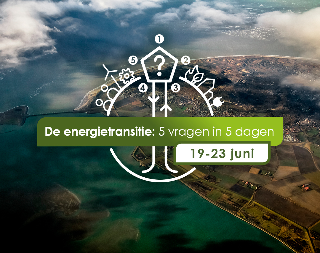 Decoratieve afbeelding met tekst: de energietransitie - 5 vragen in 5 dagen - 19-23 juni