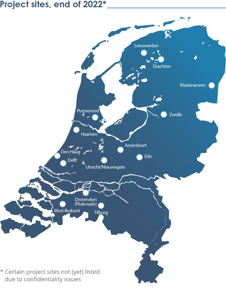 A map of the Netherlands showing all locations of geothermal projects ultimo 2022 with involvement of EBN / Energie Beheer Nederland. The projects are in different stages of development.