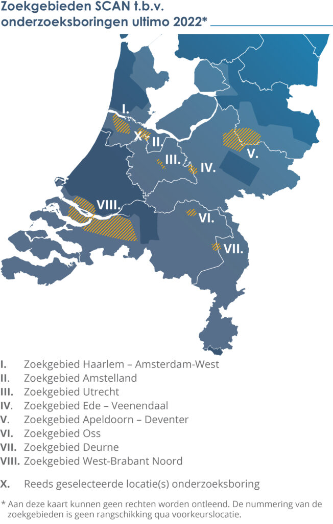 Een uitsnede van de kaart van Nederland toont de SCAN zoekgebieden voor aardwarmte onderzoeksboringen. 