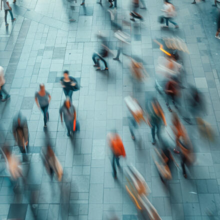 Busy, motion blur and business people in city for commuting to work in rush hour at subway. Travel, speed and group of employees outdoor in urban town for walk at train station for public transport.