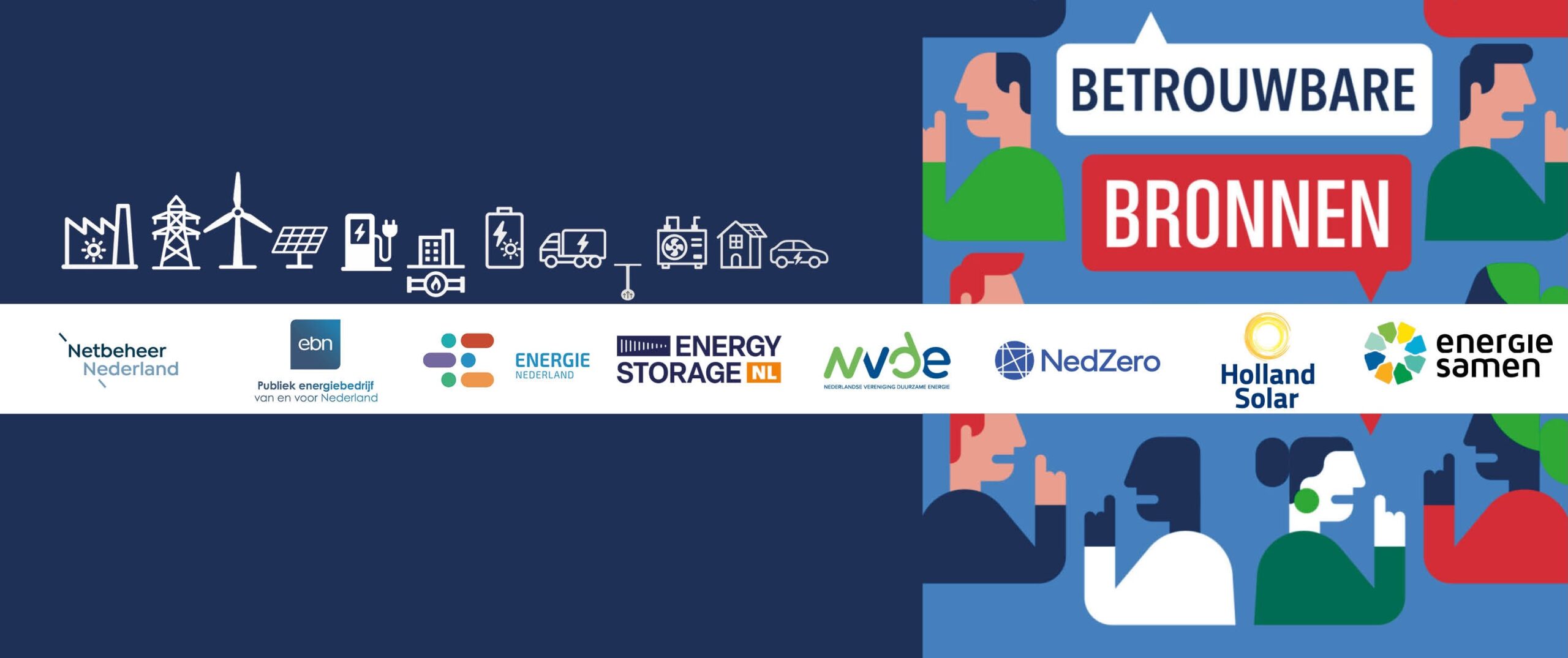 De afbeelding toont de logo's van de organiserende partijen achter het Nationale Verkiezingsgesprek Energie 2026: podcast Betrouwbare Bronnen, Energie Nederland, Energie Beheer Nederland, NVDE, NedZero, Energy Storage NL, Netbeheer Nederland, Holland Solar en Energie Samen.