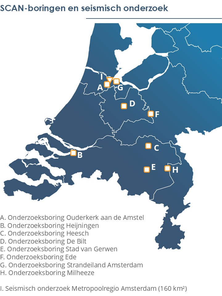 Kaartje van Neerland met daarop aangegeven SCAN-boringen en seismisch onderzoek