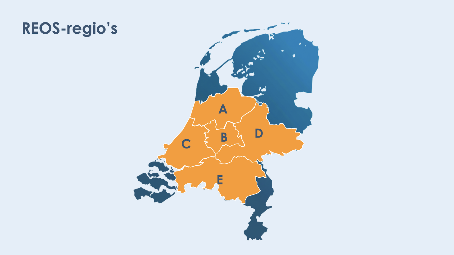 Kaart van Nederland met vijf REOS-regio’s (Regionale Energiestrategieën Ondergrond) die door EBN worden gebruikt voor de regionale afstemming van aardwarmteactiviteiten in de ondergrond met de bovengrondse warmtevraag.