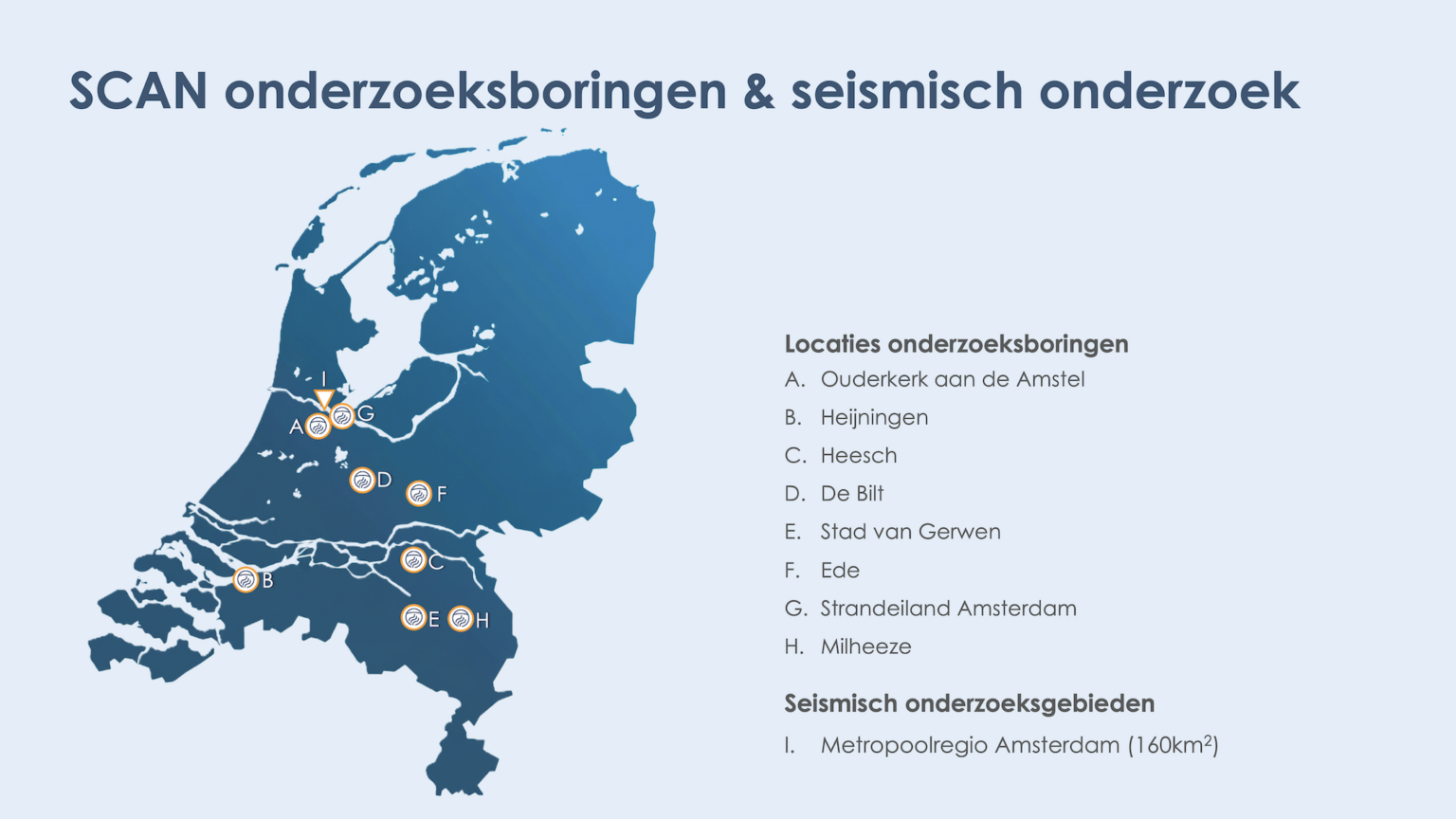 Kaart van Nederland met de locaties van SCAN-onderzoeksboringen voor aardwarmte in Ouderkerk aan de Amstel, Heijningen, Heesch, De Bilt, Stad van Gerwen, Ede, Strandeiland Amsterdam en Milheeze. Daarnaast is het seismisch onderzoeksgebied in de Metropoolregio Amsterdam aangegeven.