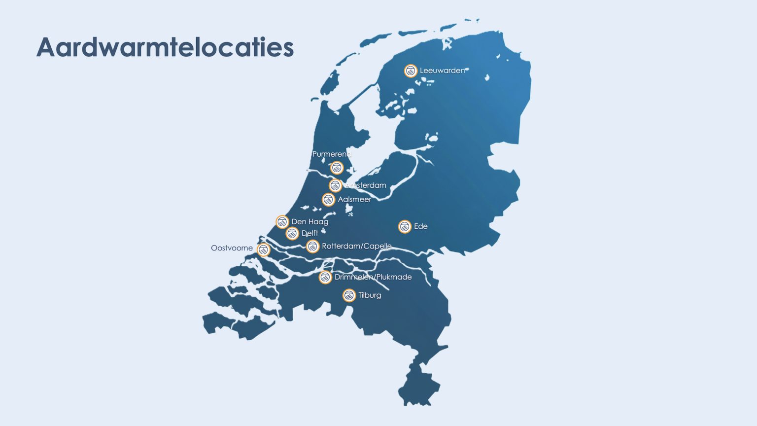 Kaart van Nederland met aardwarmtelocaties waar EBN bij betrokken is, waaronder Leeuwarden, Purmerend, Amsterdam, Aalsmeer, Den Haag, Delft, Rotterdam, Oostvoorne, Drimmelen, Tilburg en Ede.