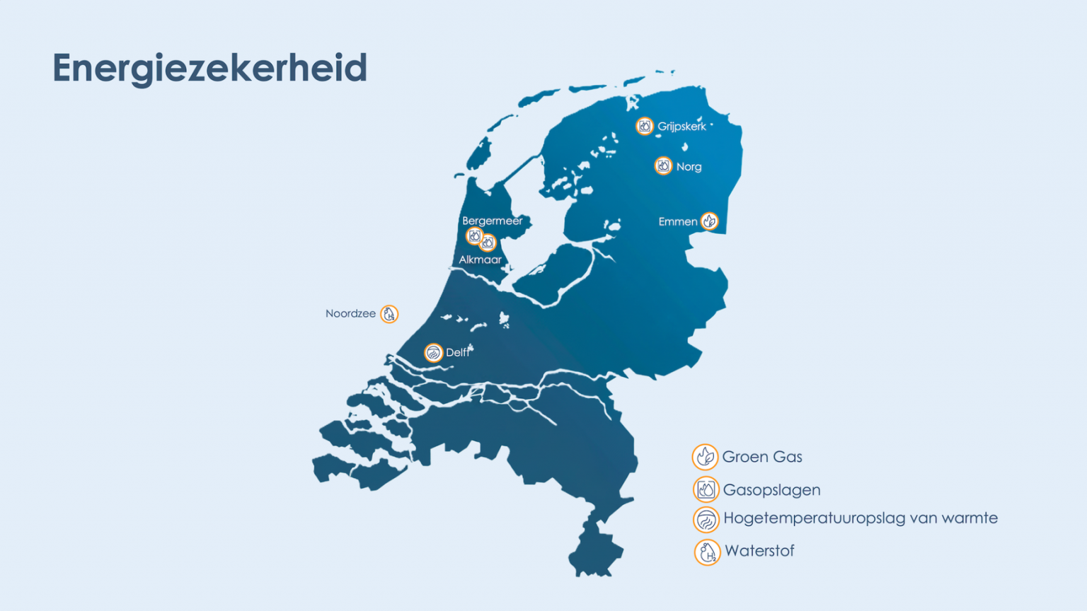 Kaart van Nederland met energiezekerheidsprojecten, waaronder gasopslagen, warmteopslag, waterstofproductie en productie groen gas.