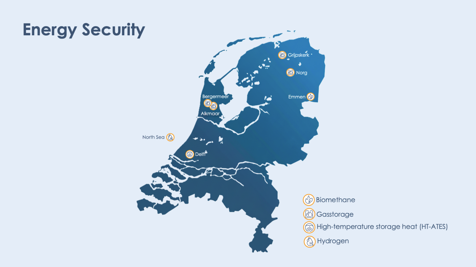 Map of the Netherlands showing locations of energy security projects, including gas storage facilities, thermal energy storage, hydrogen storage, and biome thane projects.