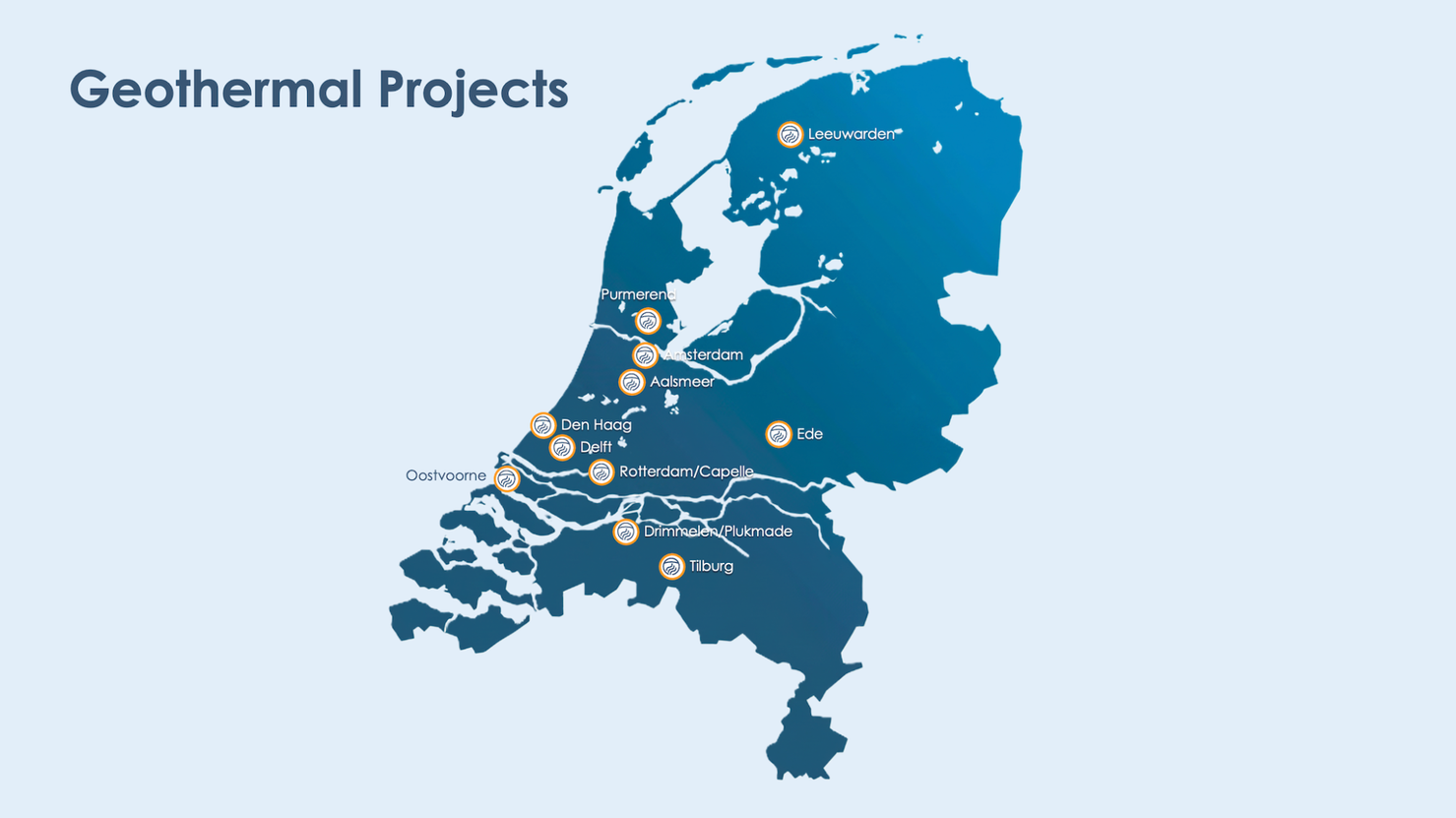 Map of the Netherlands showing geothermal energy projects in which Energie Beheer Nederland is involved in, including projects in Leeuwarden, Purmerend, Amsterdam, Aalsmeer, Amersfoort, Ede, Den Haag, Delft, Rotterdam (Capelle), Oostvoorne, Drimmelen (Plukmade) and Tilburg.